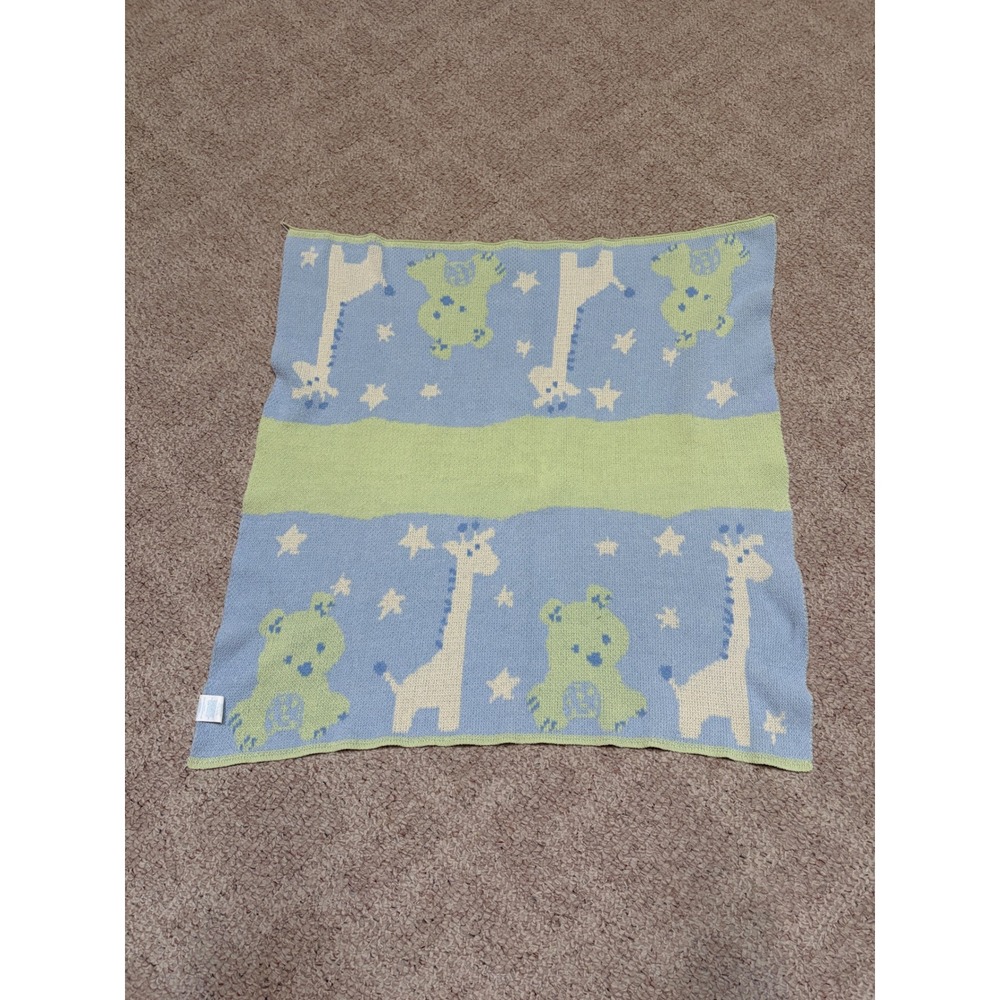 VTG Carters Baby Blanket Blue Green Knit Giraffe Bear Star Animal Print 30x30